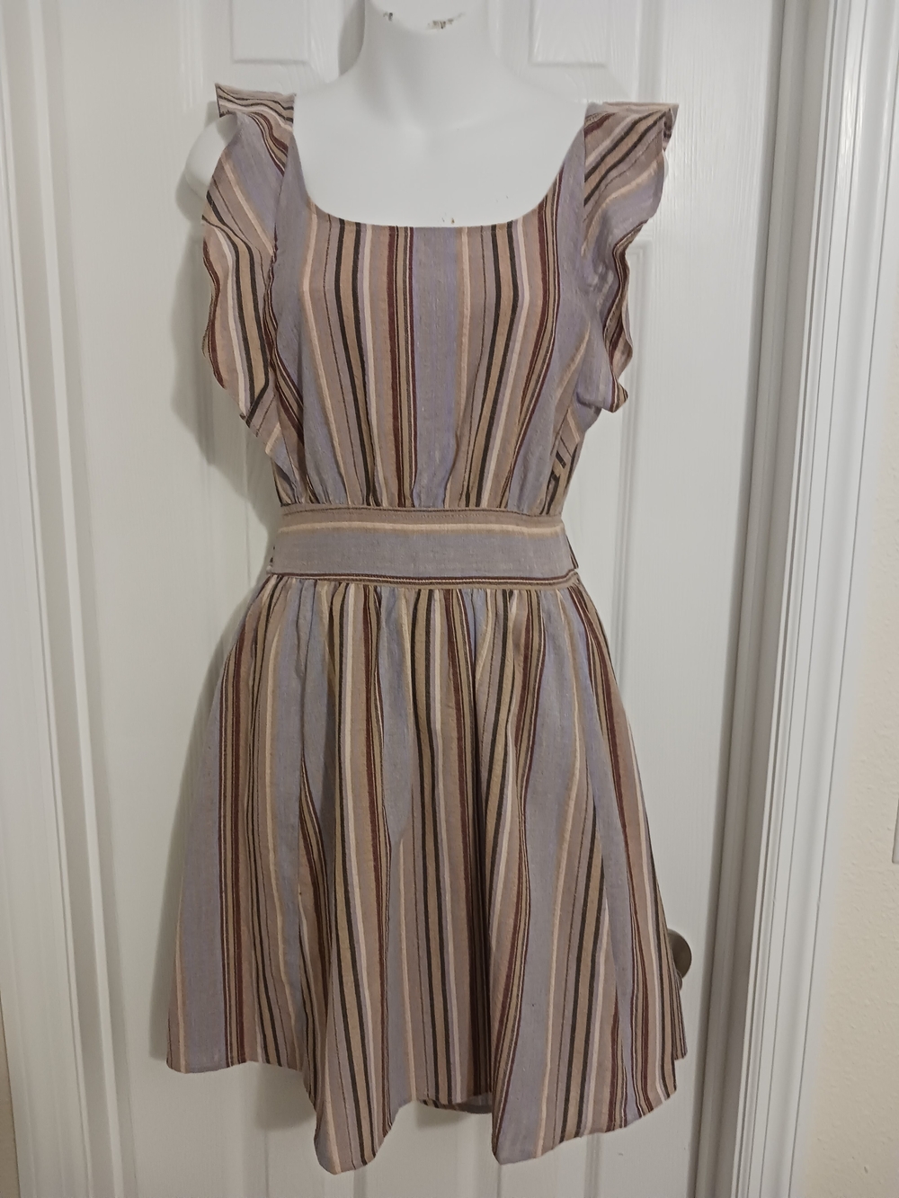 Hem & Thread Striped Ruffle-Sleeve Mini Dress in Taupe and Lavender Sm